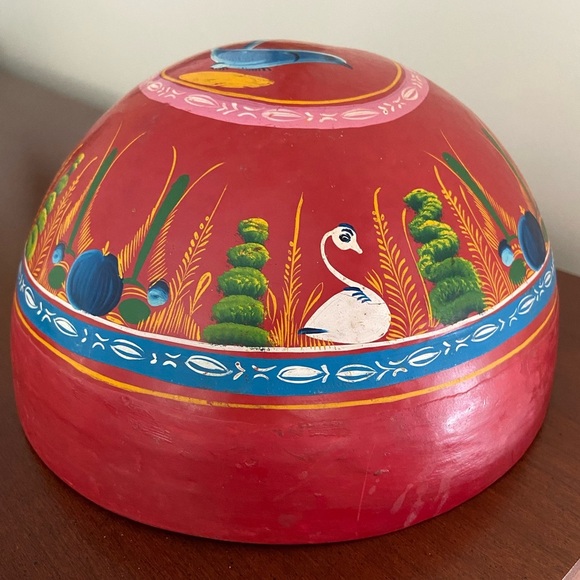 Mexican Red Bowl Multi Color Hand Painted Flowers Swan Bird Folk Art Decor Wood - Picture 6 of 9